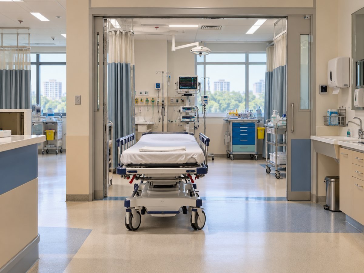 Hospital treatment room with emergency care equipment